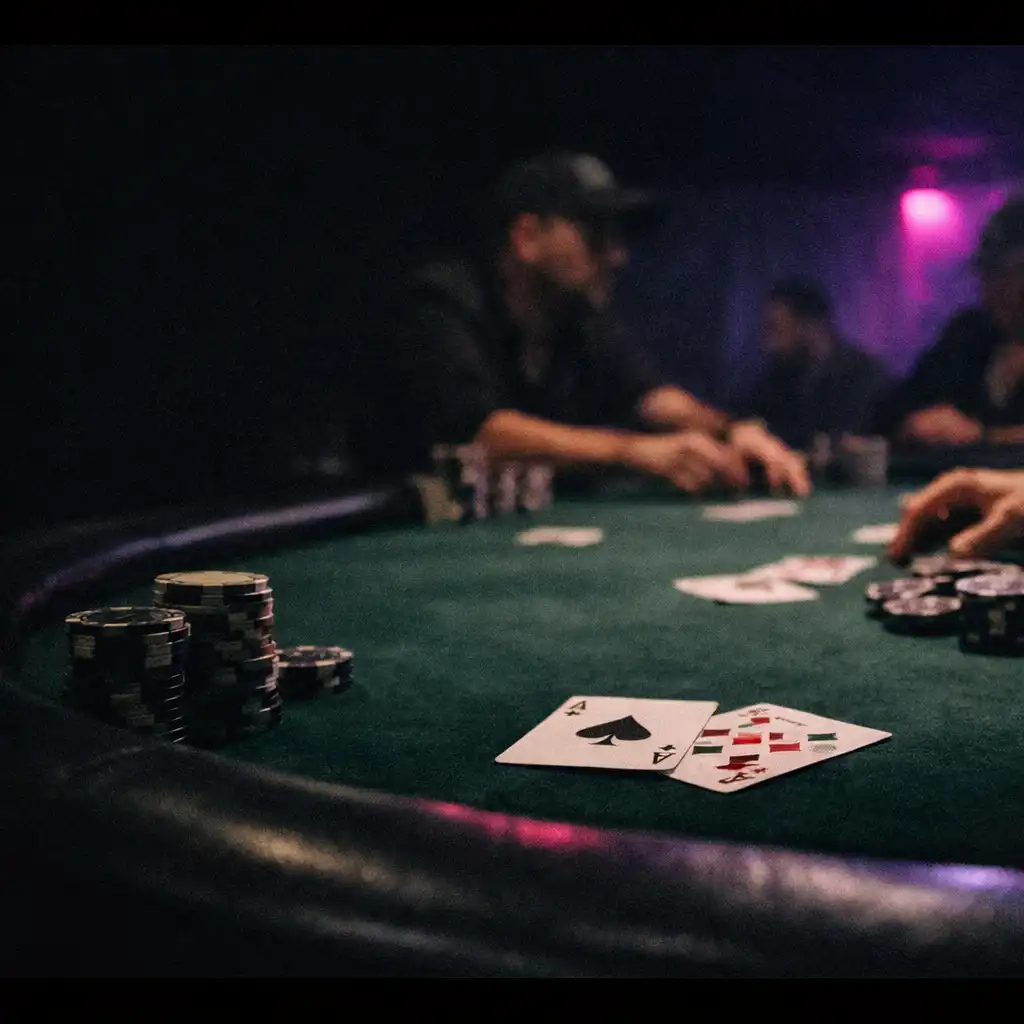 Felt poker table with cards, chips and hands inside the Card Lounge