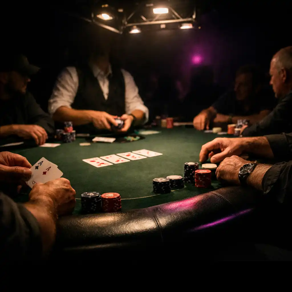 Focused players around a felt poker table under late-night room lighting