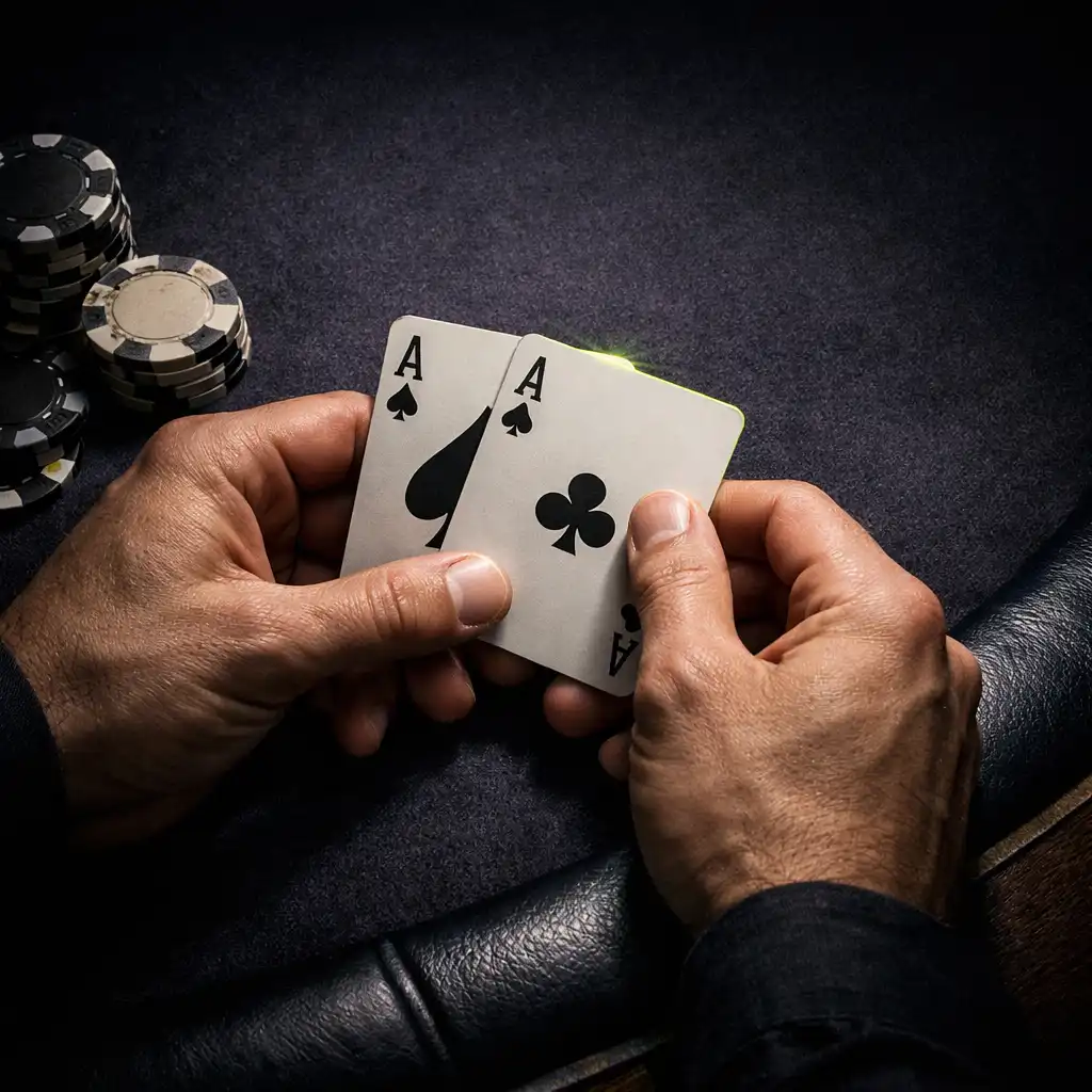 Hands holding real playing cards above textured poker felt