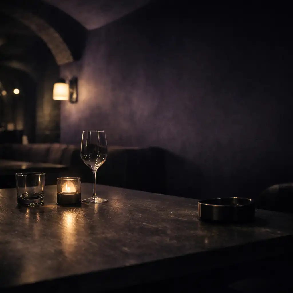 Quiet dark restaurant interior with low table light and violet architectural shadows