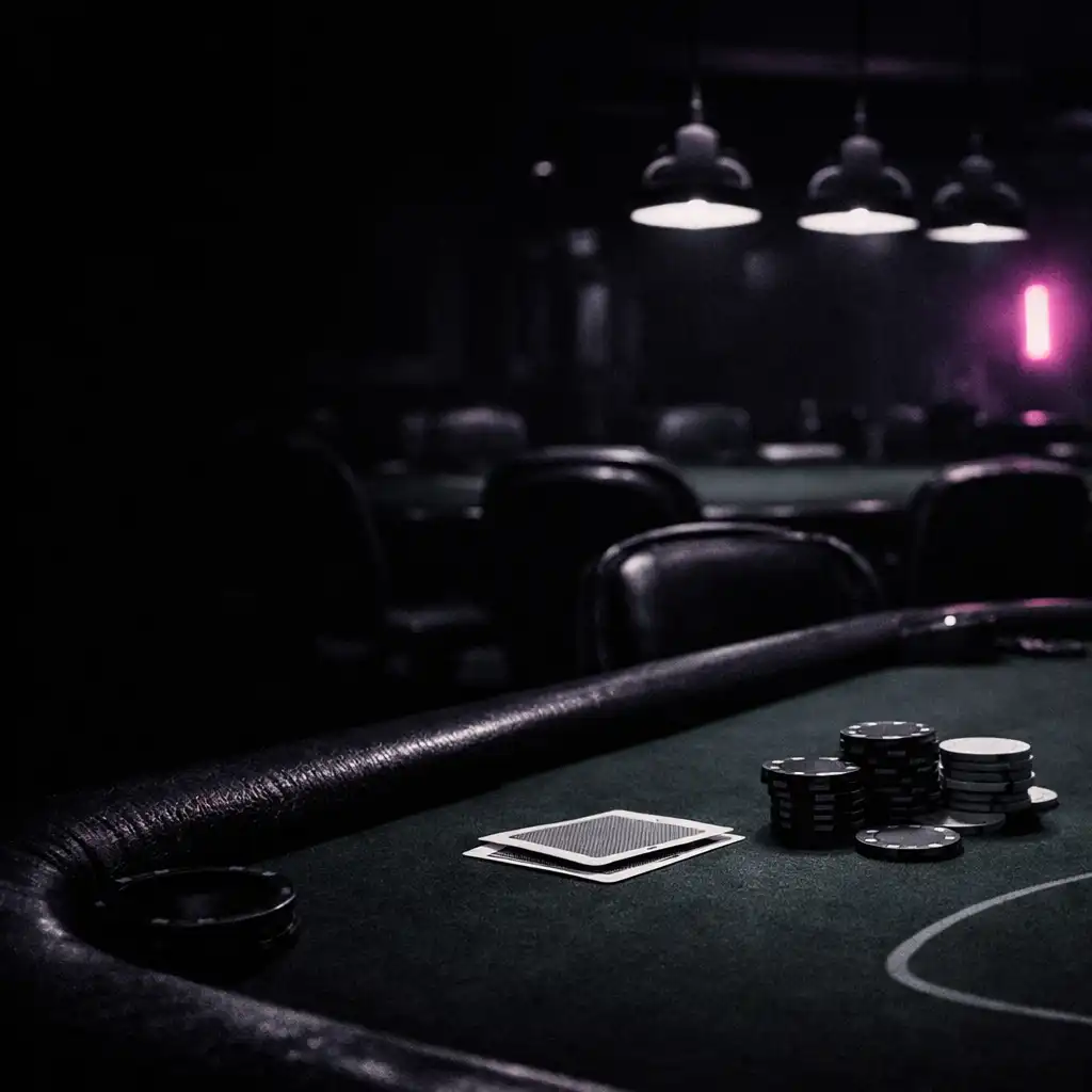 A felt poker table and serious table positions in a violet-lit poker room