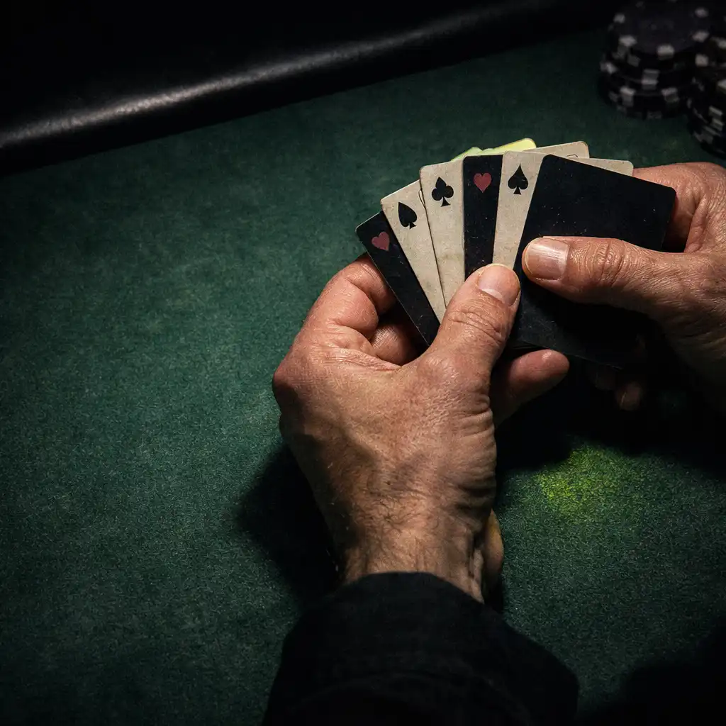 Hands holding real playing cards over a green felt poker table