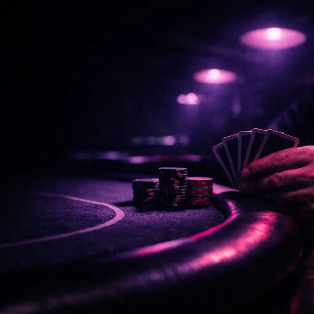 A hand holding real cards over a felt poker table