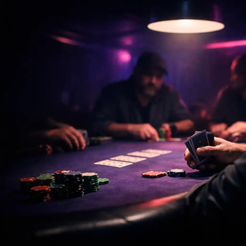 Focused players gathered around a real poker table under violet light