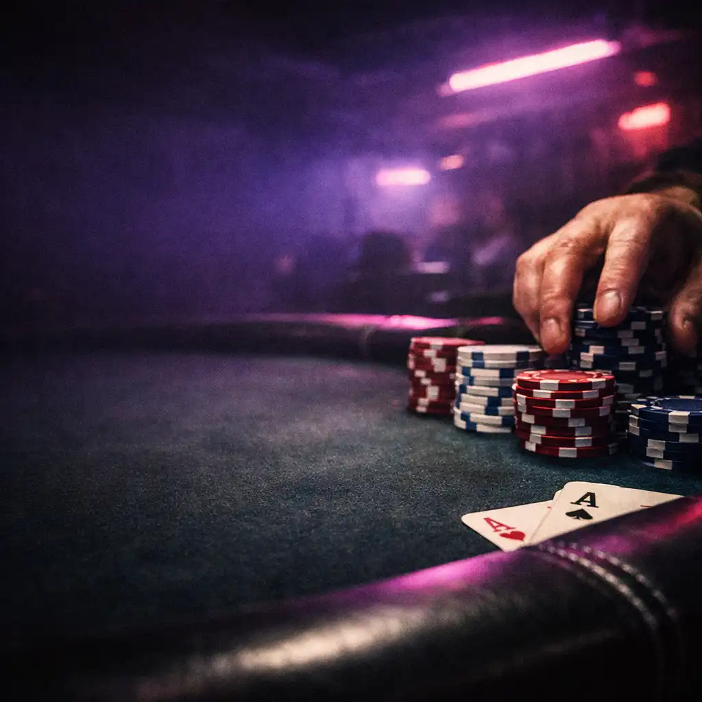 Close view across a felt poker table with cards, chips and a hand