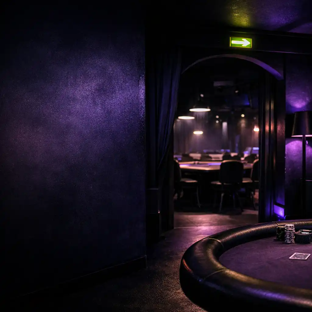 Dark card lounge interior leading toward a poker room threshold