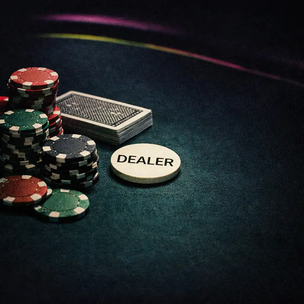 Poker chips and cards resting on deep felt under low light