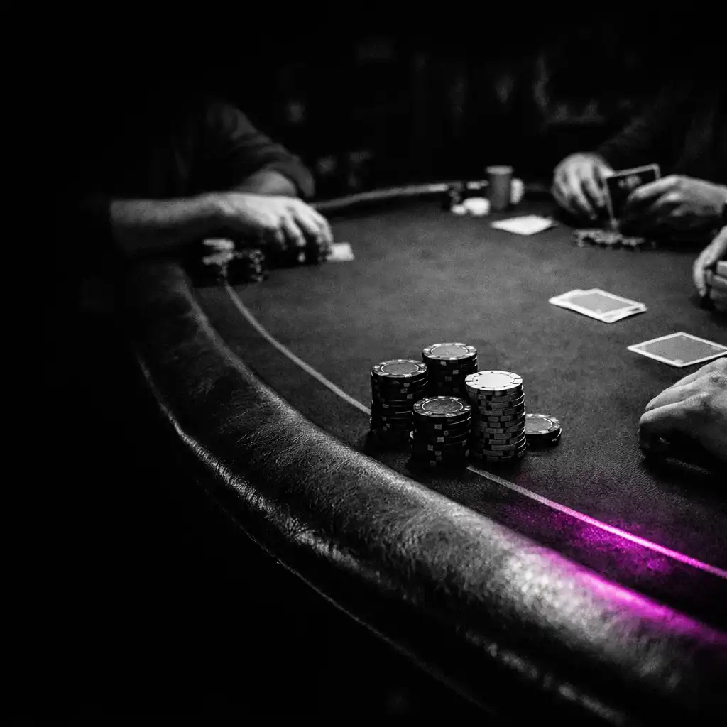 Real poker table with felt, card corners and players’ forearms in a dark room