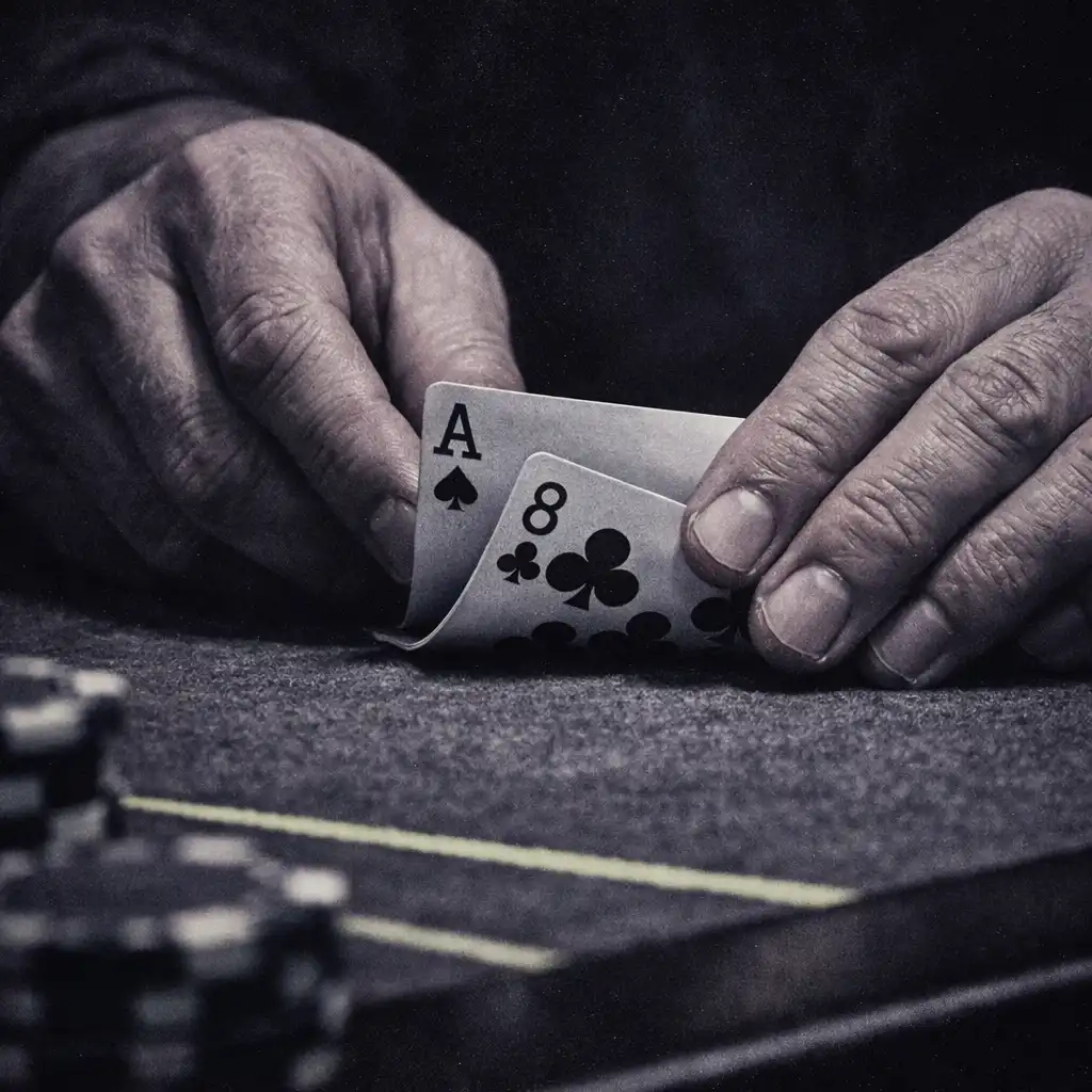 Adult hands placing real playing cards over textured felt on a poker table