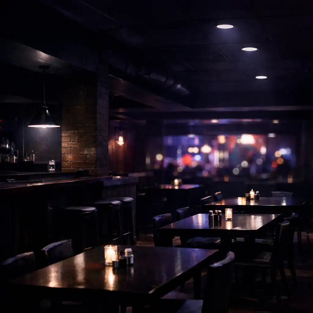 Quiet late-night restaurant interior with deep violet ambient light