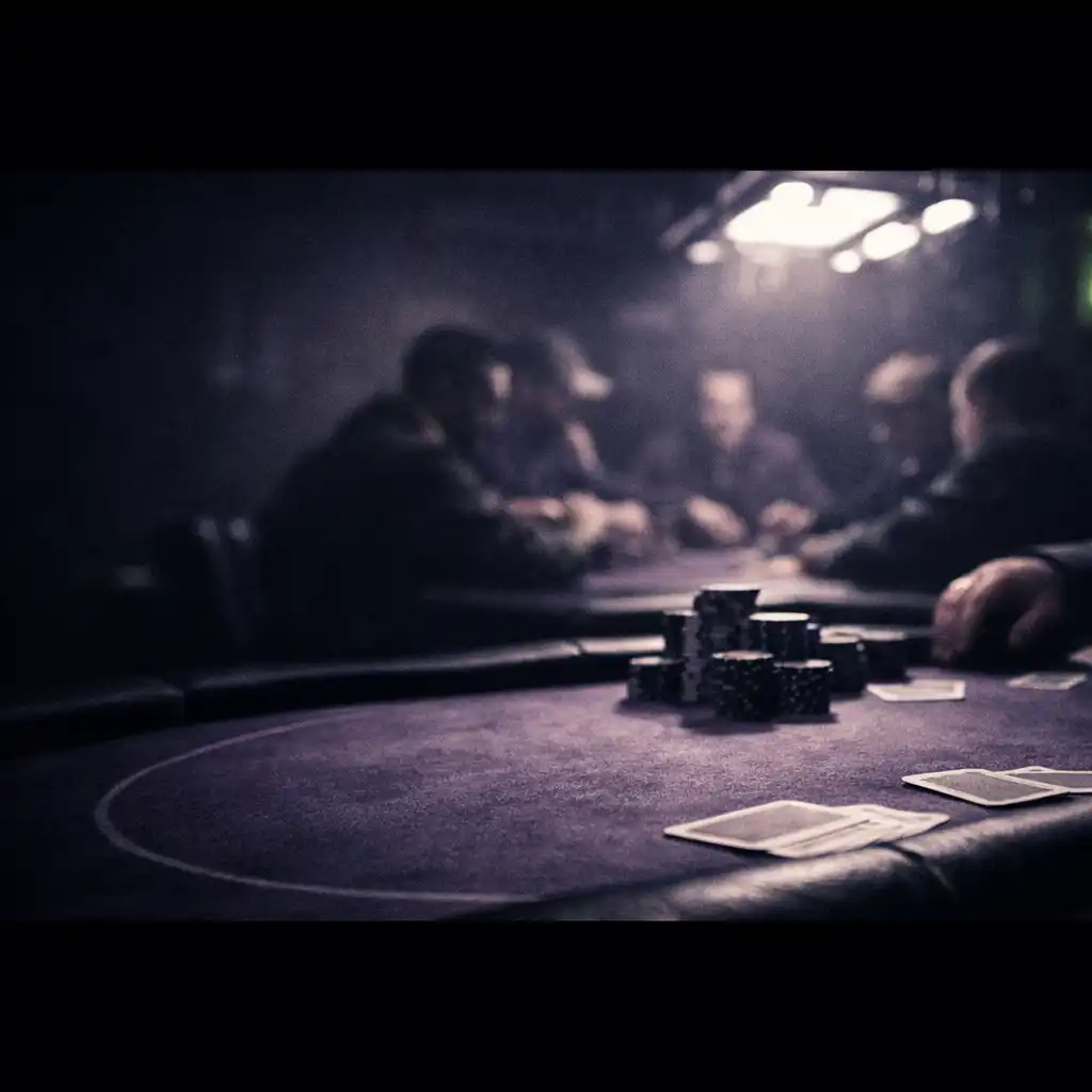 Felt poker table with cards, hands and focused players in the poker room