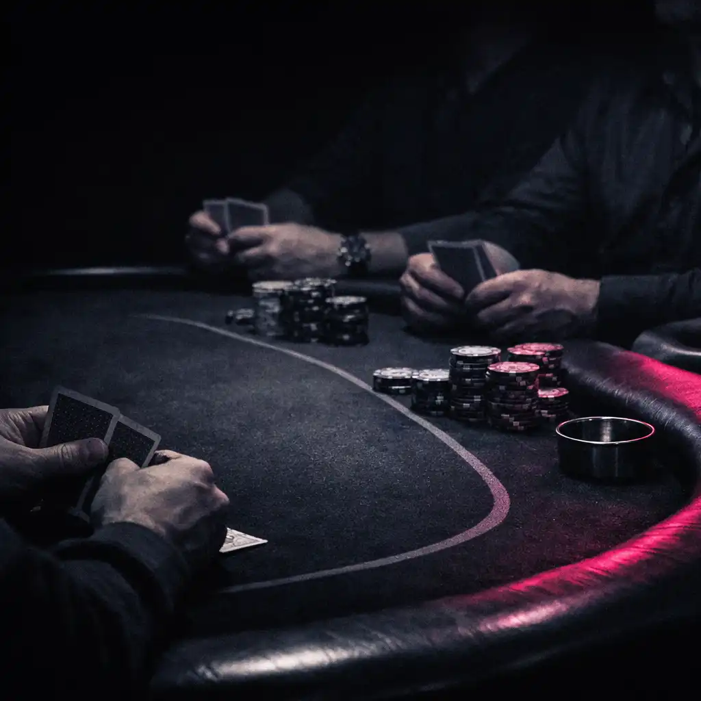 Adult hands holding playing cards over a dark felt poker table