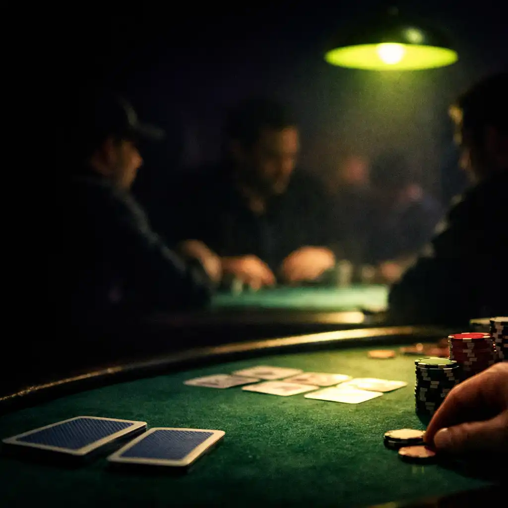Focused poker room at night with a lit table, cards and hands in view