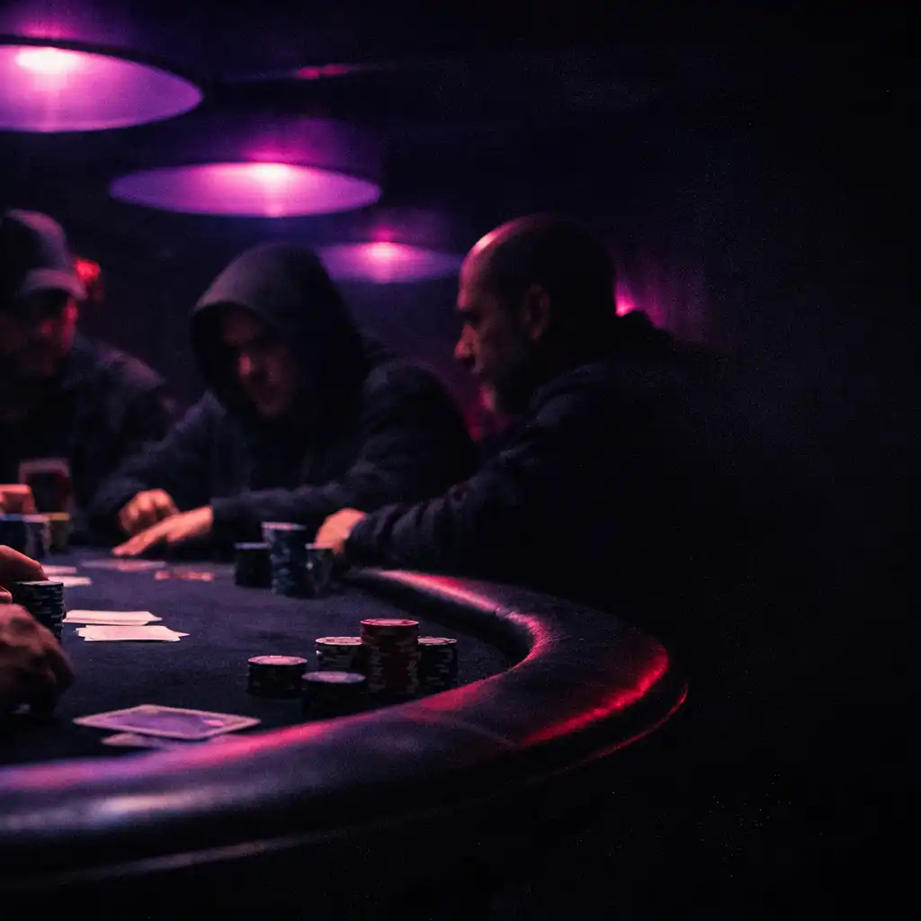 Low table-level view across a physical poker room