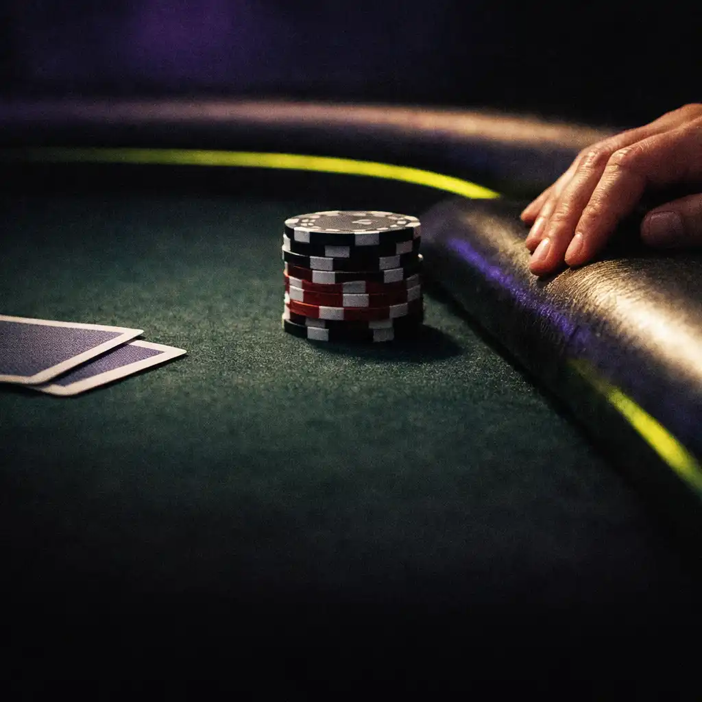 Close detail of felt, card corners and poker chips on a physical table