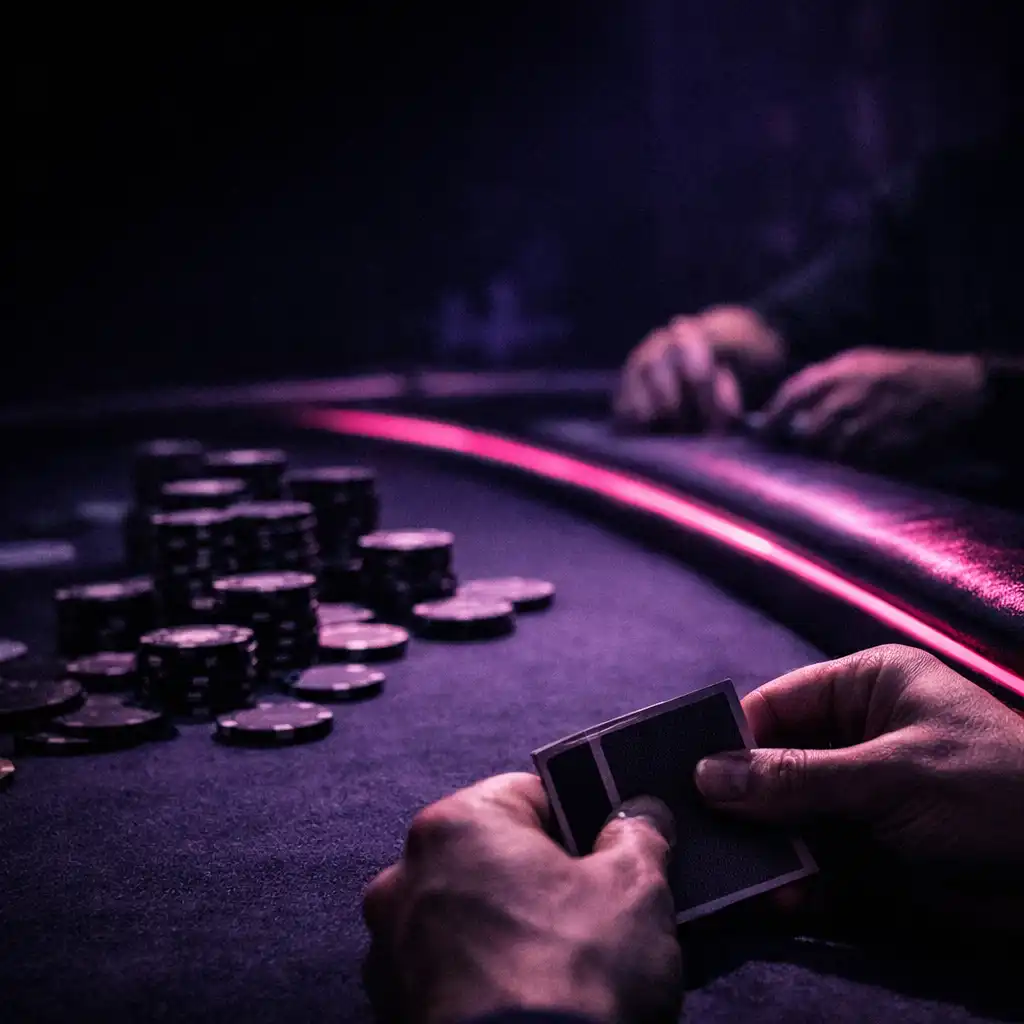 Hands holding real cards beside a felt poker table and table rail