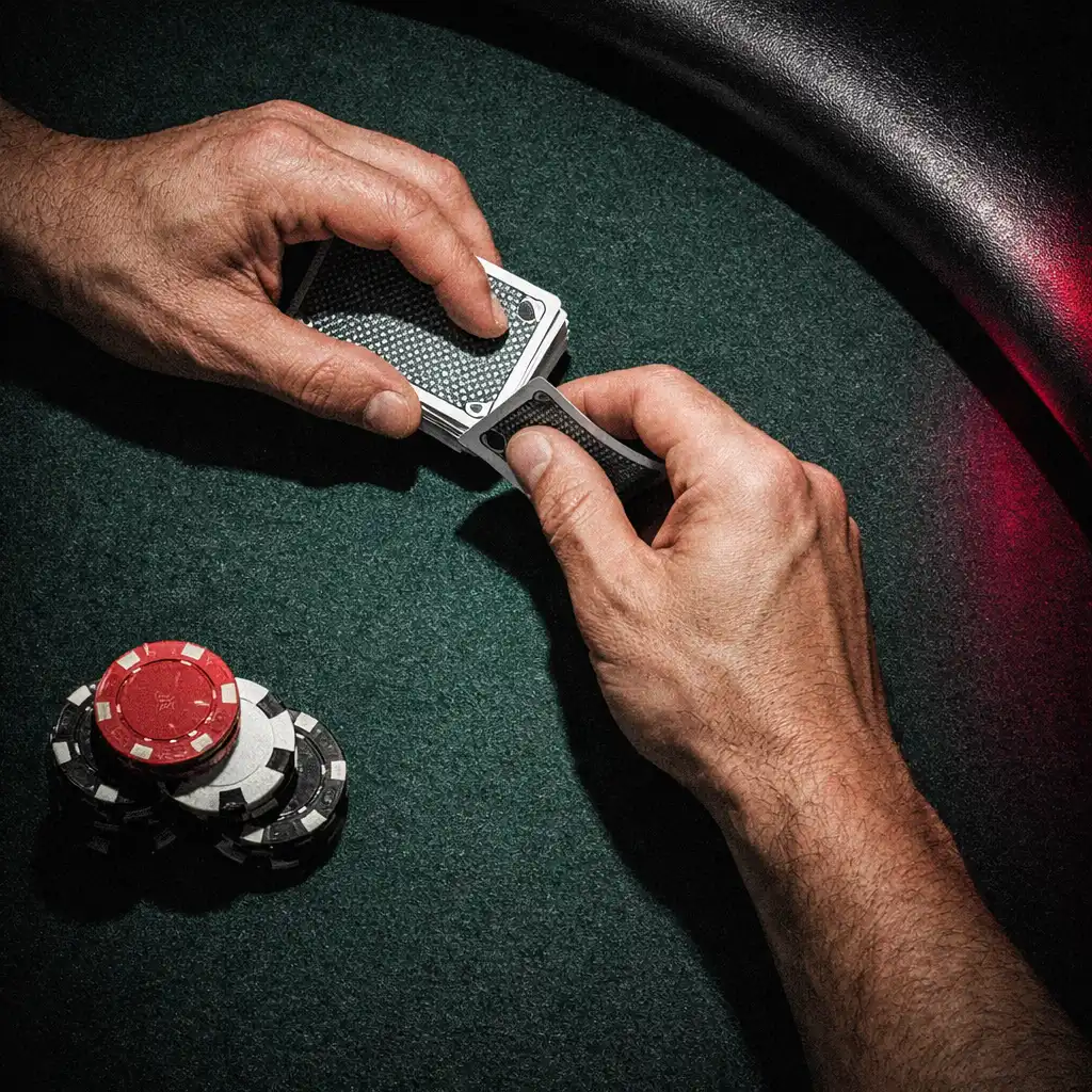 Hands handling cards over felt with poker chips nearby