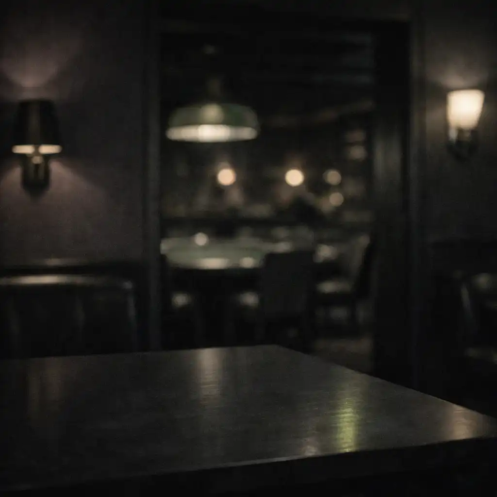 Quiet dark restaurant interior detail with deep-violet walls and low lighting