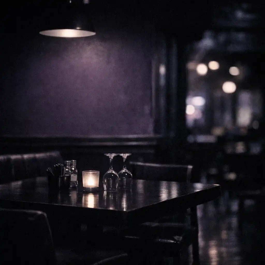 Quiet low-lit restaurant interior after dark