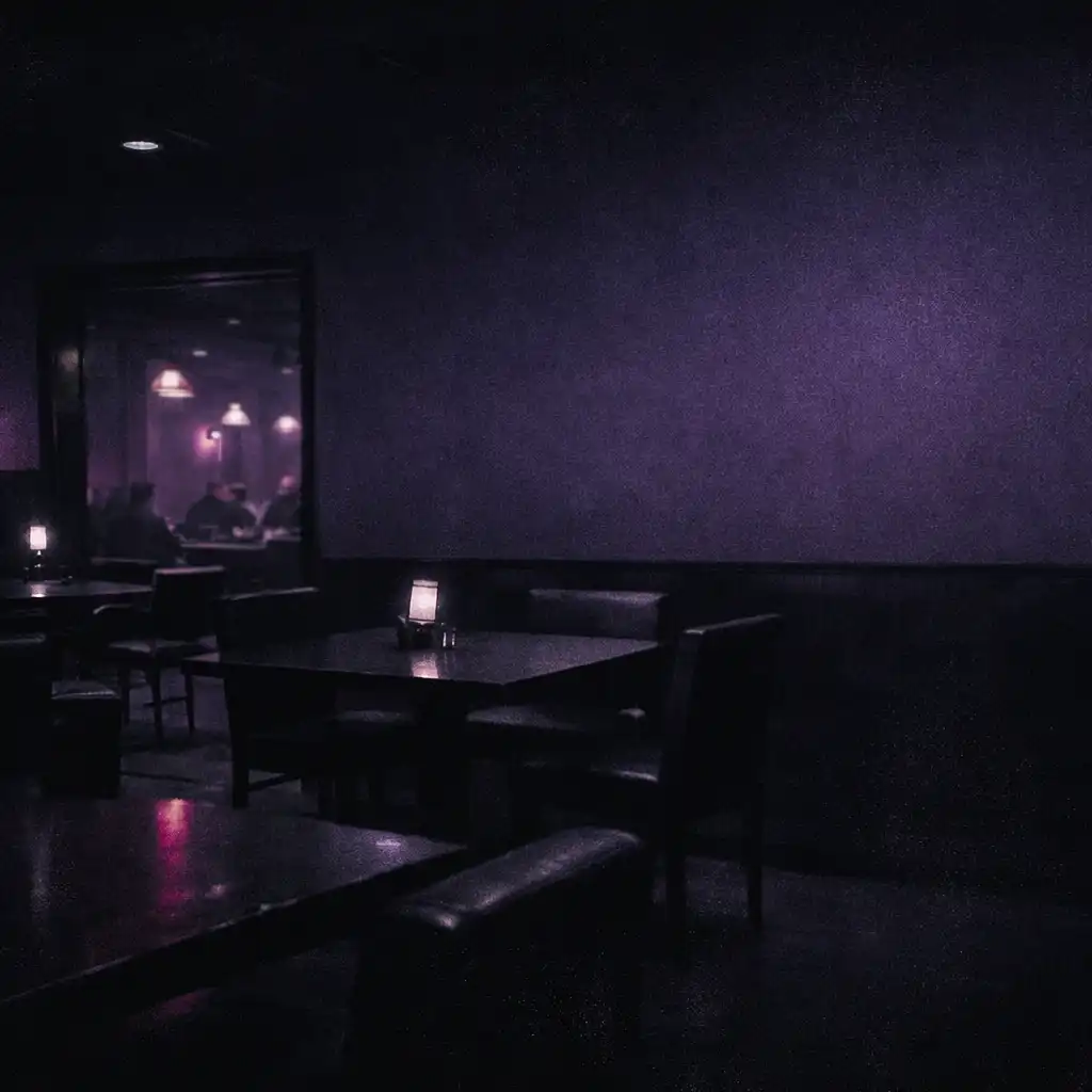 Muted late-night restaurant interior with deep-violet lighting
